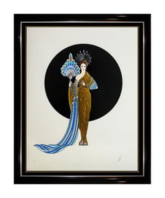 ERTE Embossed Color Serigraph Hand Signed Athena Large Art Deco Fashion Dress