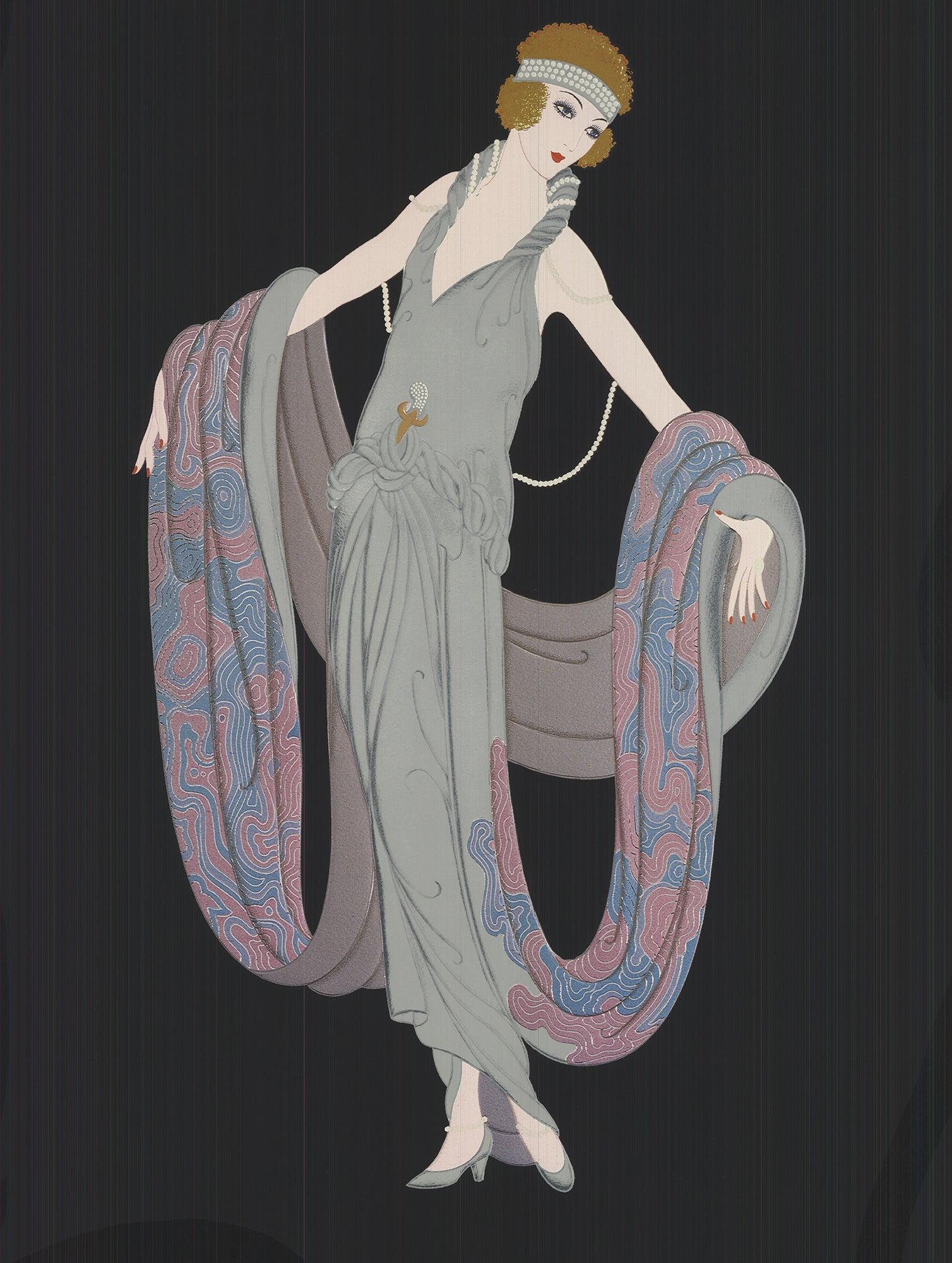 This exquisite reproduction of Erté's Gala captures the essence of 1920s glamour, epitomizing the opulence and sophistication of the Art Deco era. The artwork portrays a figure adorned in a striking greyish outfit, typical of the luxurious fashion