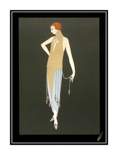 ERTE Ingenue Embossed Color Serigraph Hand Signed Art Deco Fashion Design Dress