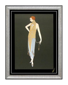 Vintage ERTE Ingenue Embossed Color Serigraph Hand Signed Art Deco Fashion Design Dress