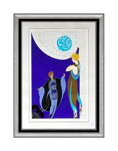 ERTE Large Embossed Color Serigraph Hand Signed Nocturne Costume Set Design Deco