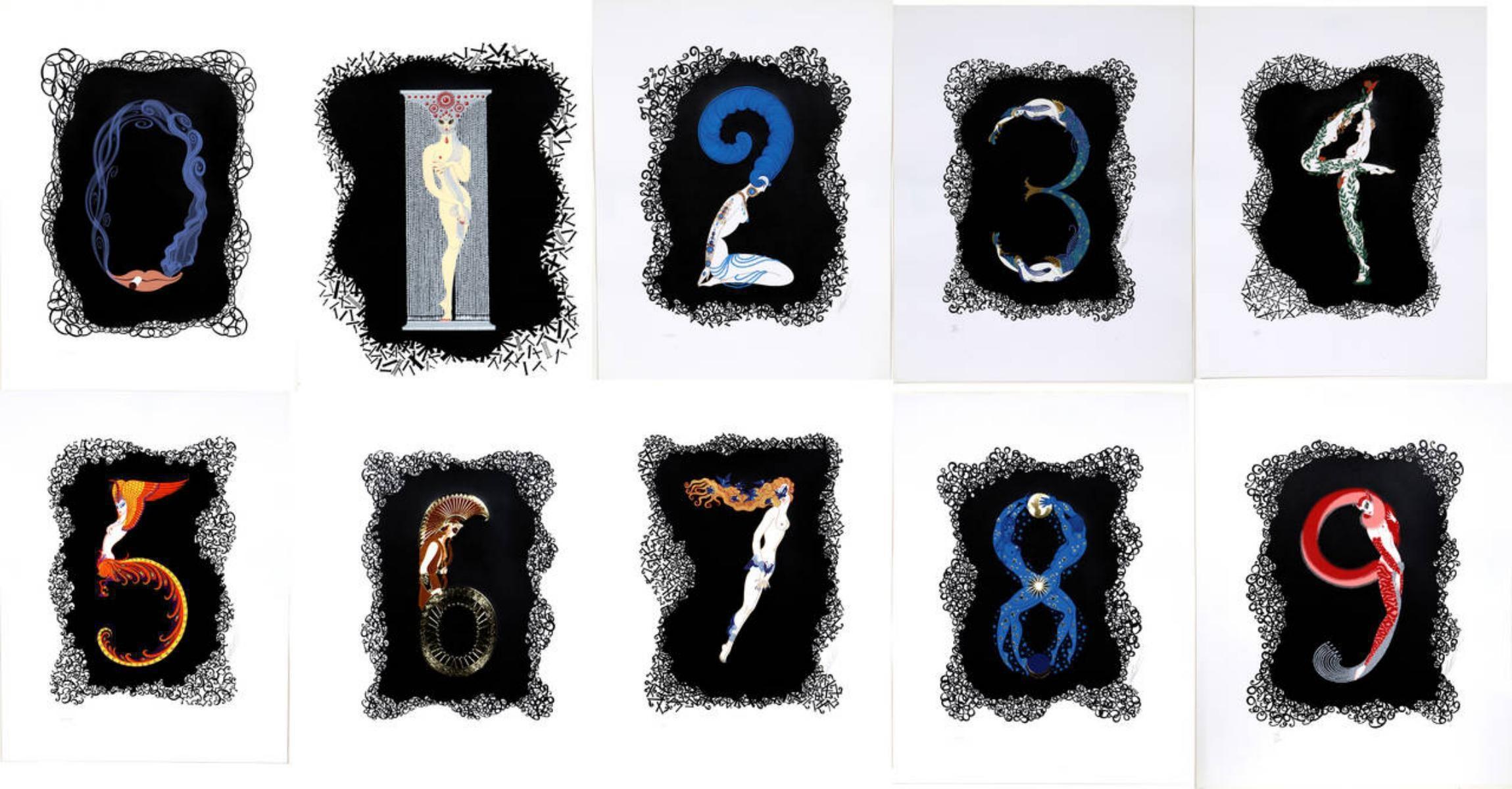 Erte "Numerals Suite" 1968, Grosvenor Gallery, Hand Signed 
matching numbers - Print by Erté