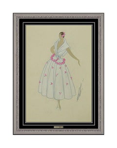 Vintage Erte Original Art Deco Costume Dress Design Gouache Painting Signed Tirftoff SBO