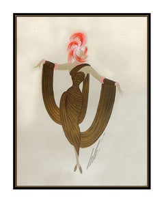 Erte Original Gouache Painting Costume Dress Design Deco Artwork Signed Fashion