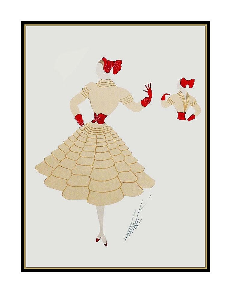 ERTE Original Gouache Painting Dress Costume Design Hand Signed Romain Tirtoff - Print by Erté