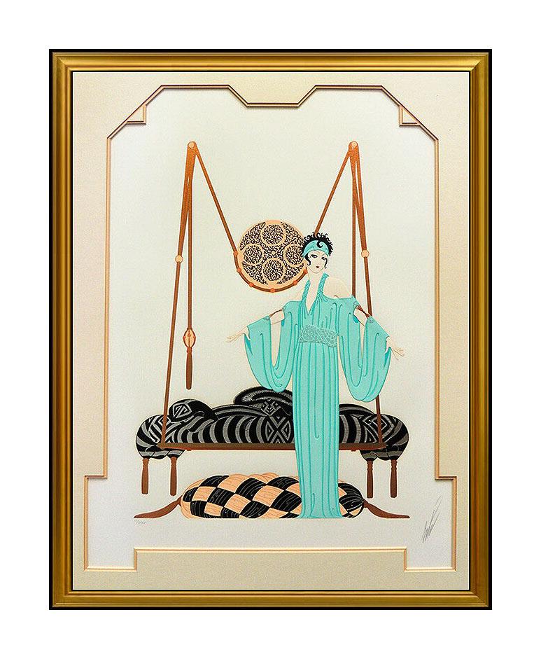 Erté Figurative Print - Erte Pillow Swing Color Serigraph Large Signed Art Deco Costume Set Design SBO