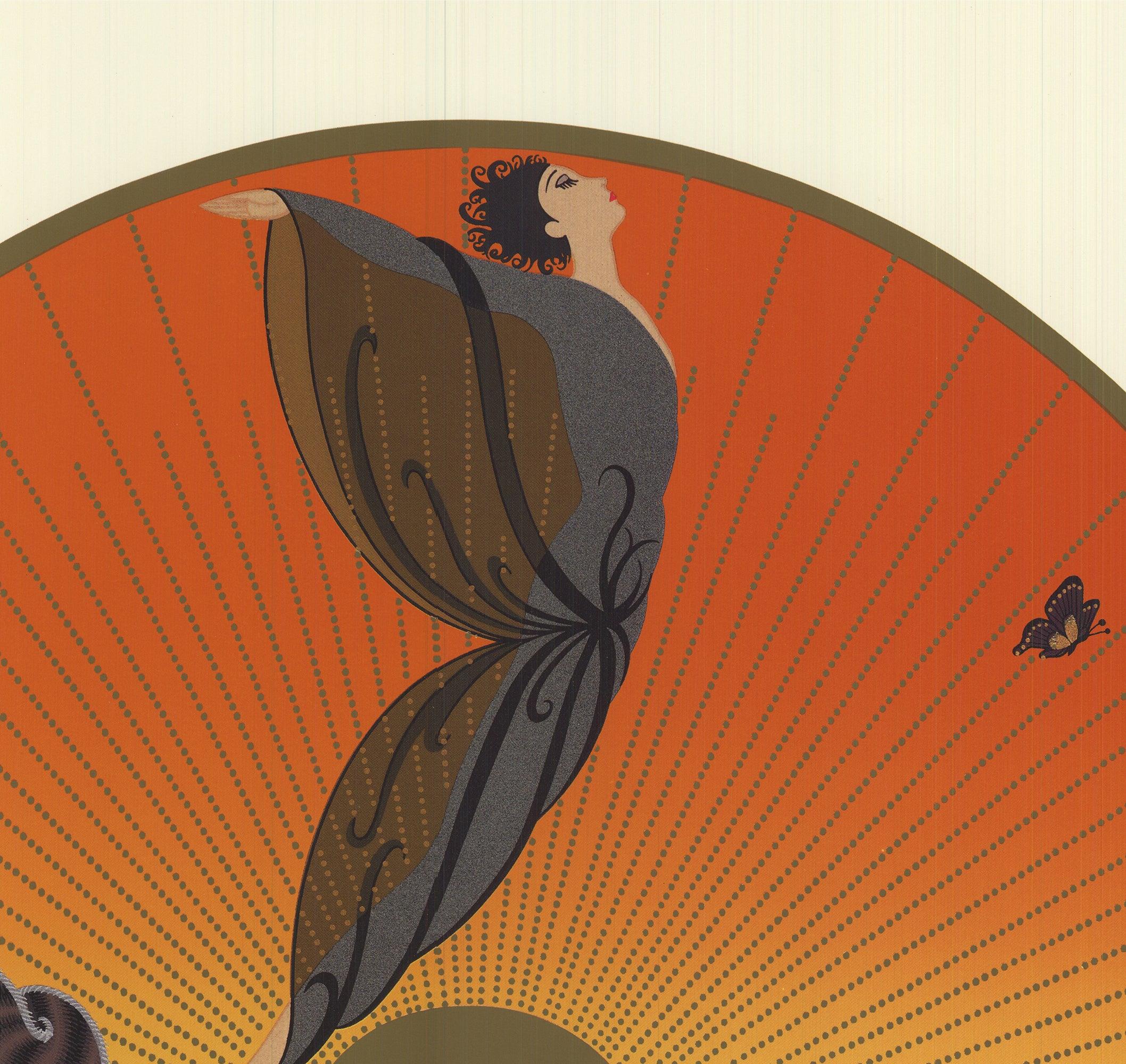 This enchanting reproduction titled Sunrise by Erté beautifully captures a moment of transformation and renewal, where a woman gracefully emerges from her cocoon, seemingly transformed into a delicate butterfly. The scene is bathed in the warm,