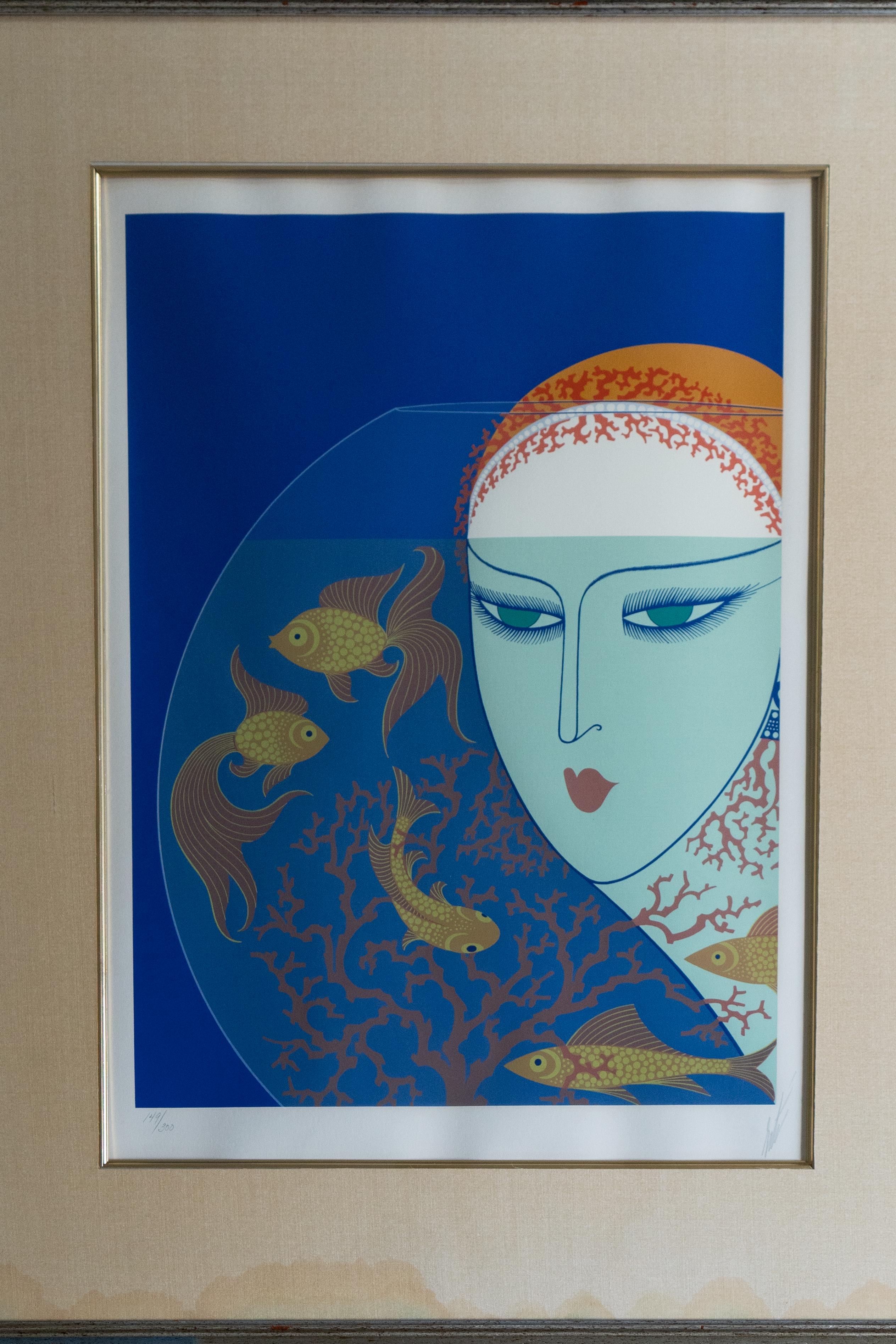 "Fish Bowl" è una meravigliosa litografia originale Artistics creata dal famoso artista francese di origine russa Erté (Romain de Tirtoff). 

Dimensioni dell'immagine (compresa la firma): 21 x 16 pollici.
Incorniciato Dimensioni: 52 x 26