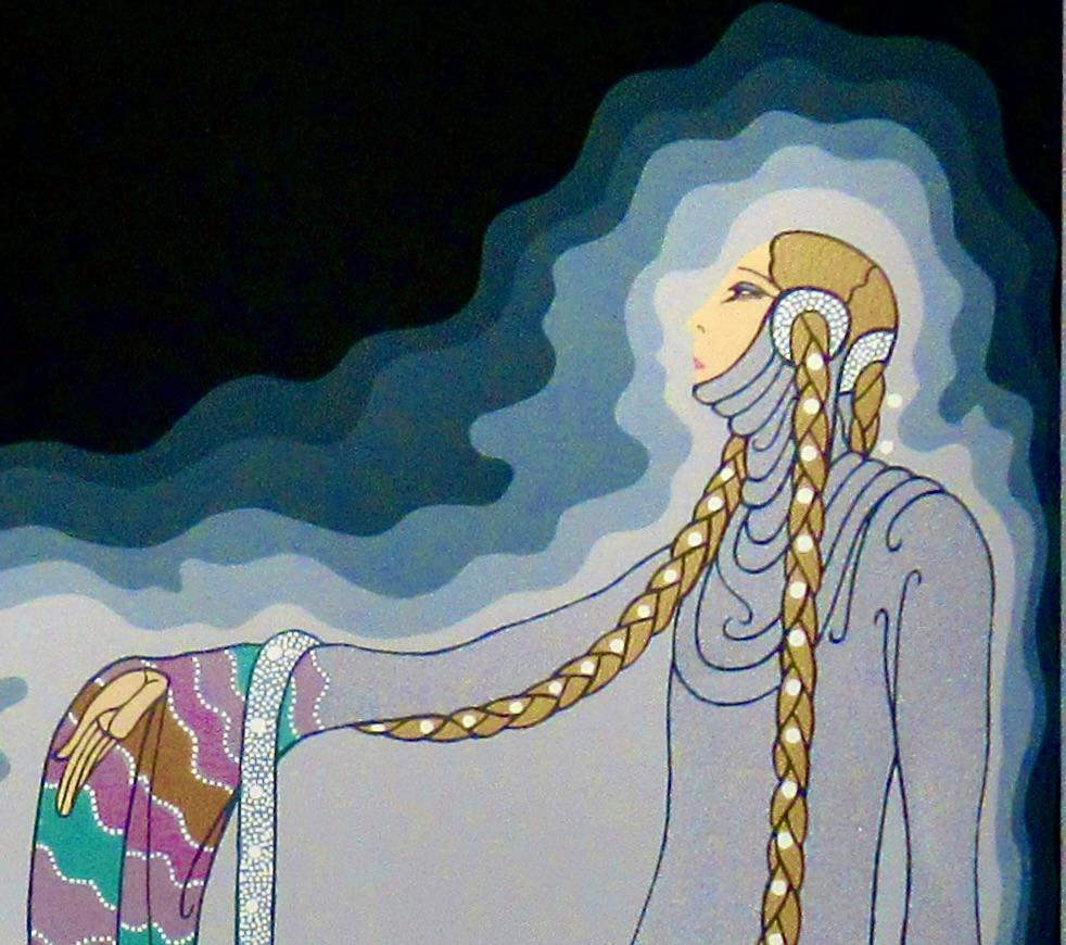 Artista:  (Romain de Tirtoff) Erte (ruso, 1892-1990)
Título:  Melisande
Año:  1983
Medio:  Serigrafía en color
Papel:  Arcos 
Edición:  Numerado  175/300 a lápiz
Tamaño de la imagen:  22,5 x 17 pulgadas
Tamaño de la hoja:  29,5 x 21,5