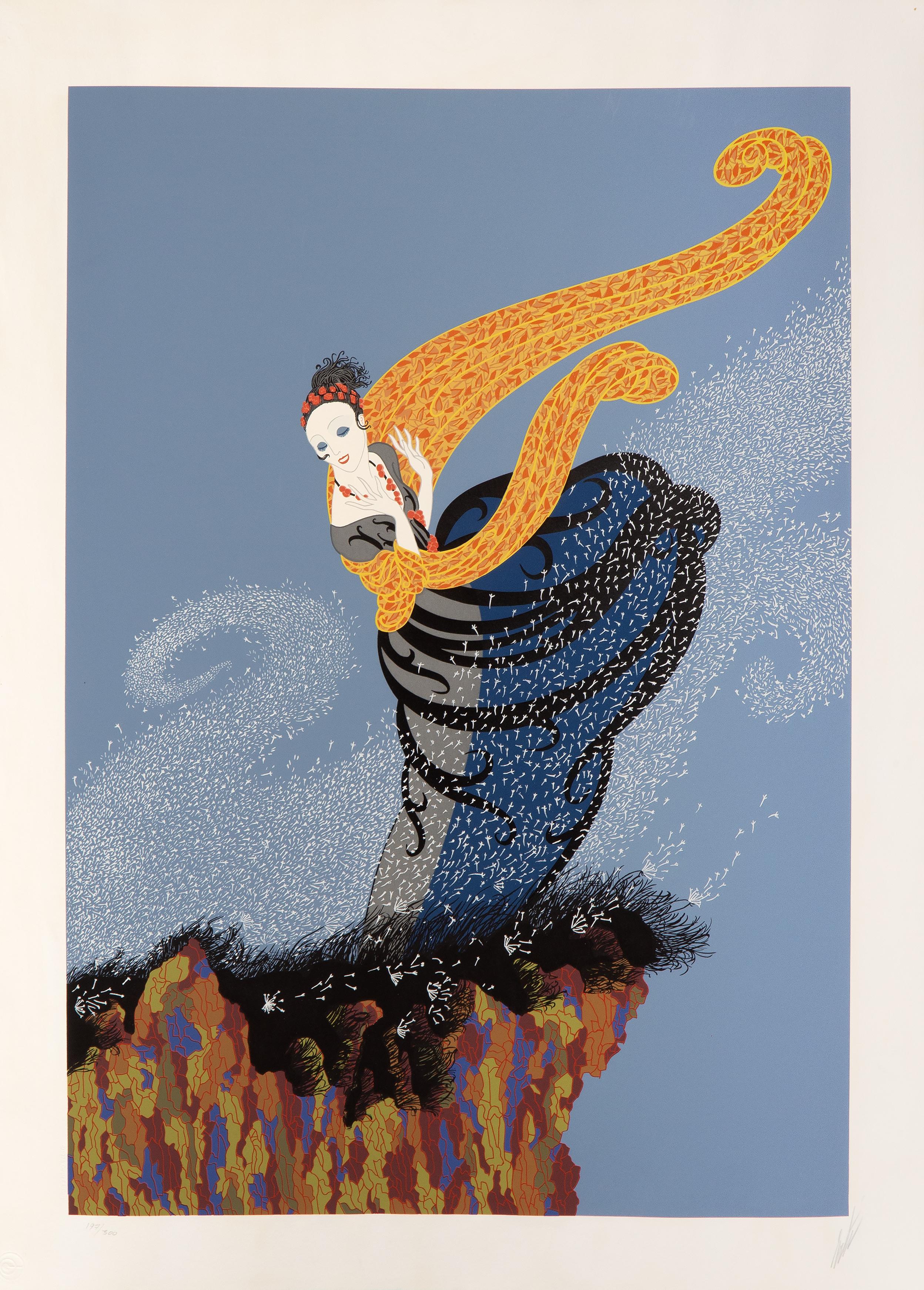 Künstler:	Erte
Titel:	Sommerbrise
Jahr:	um 1982
Medium:	Serigraphie, signiert und nummeriert mit Bleistift
Auflage:	197/300
Bildgröße: 26,5 x 19 Zoll
Größe: 30,5 Zoll x 23 Zoll (77,47 cm x 58,42 cm)