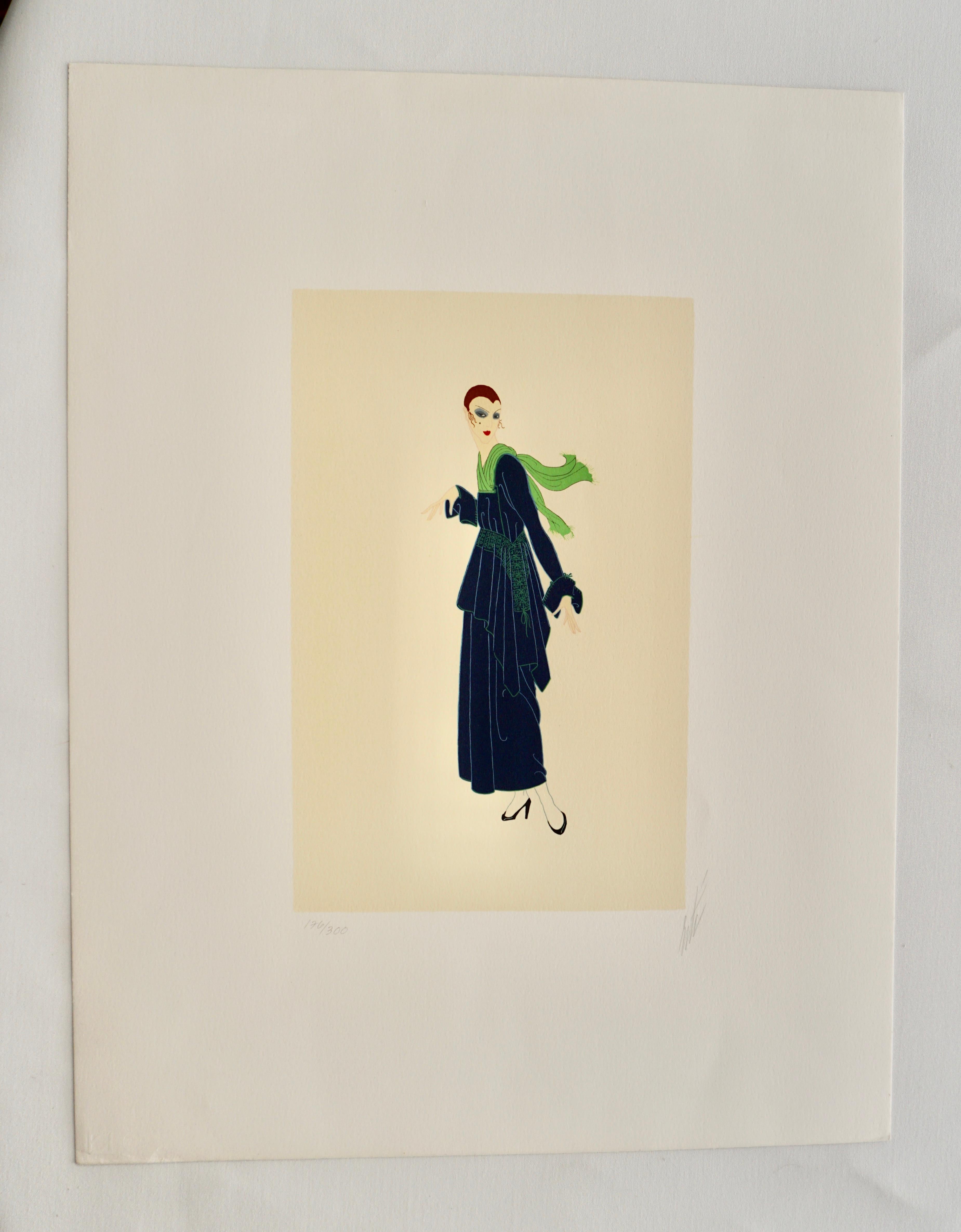 Art Deco signierte Lithografie „Das blaue Kleid“ von Erte – Print von Erté