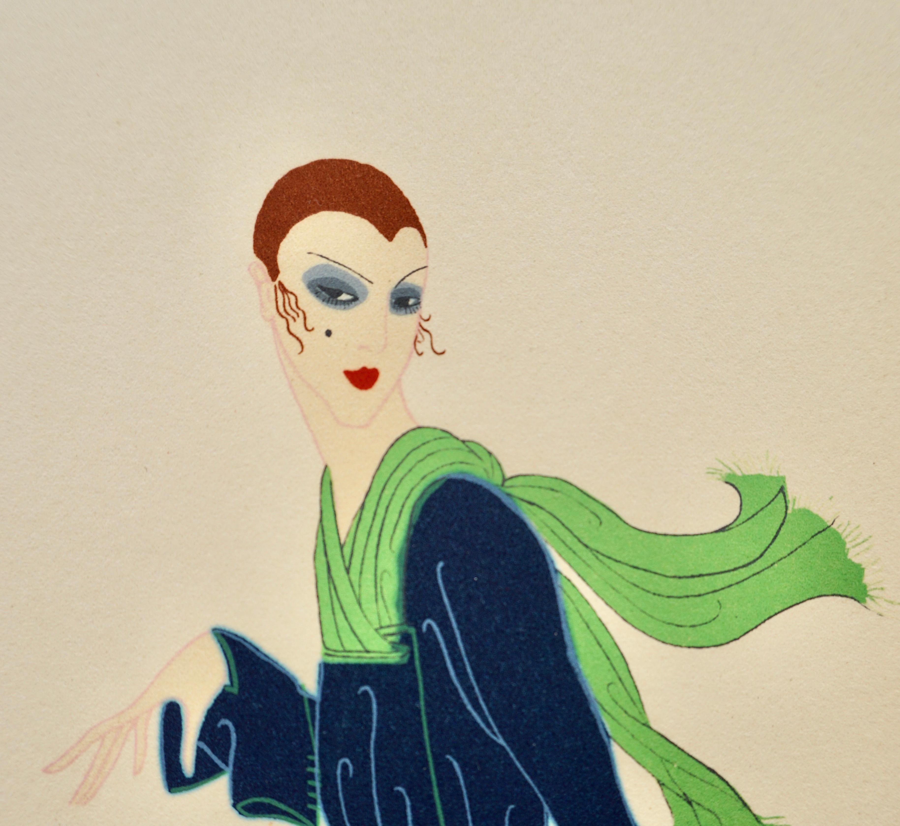 Art Deco signierte Lithografie „Das blaue Kleid“ von Erte (Art déco), Print, von Erté