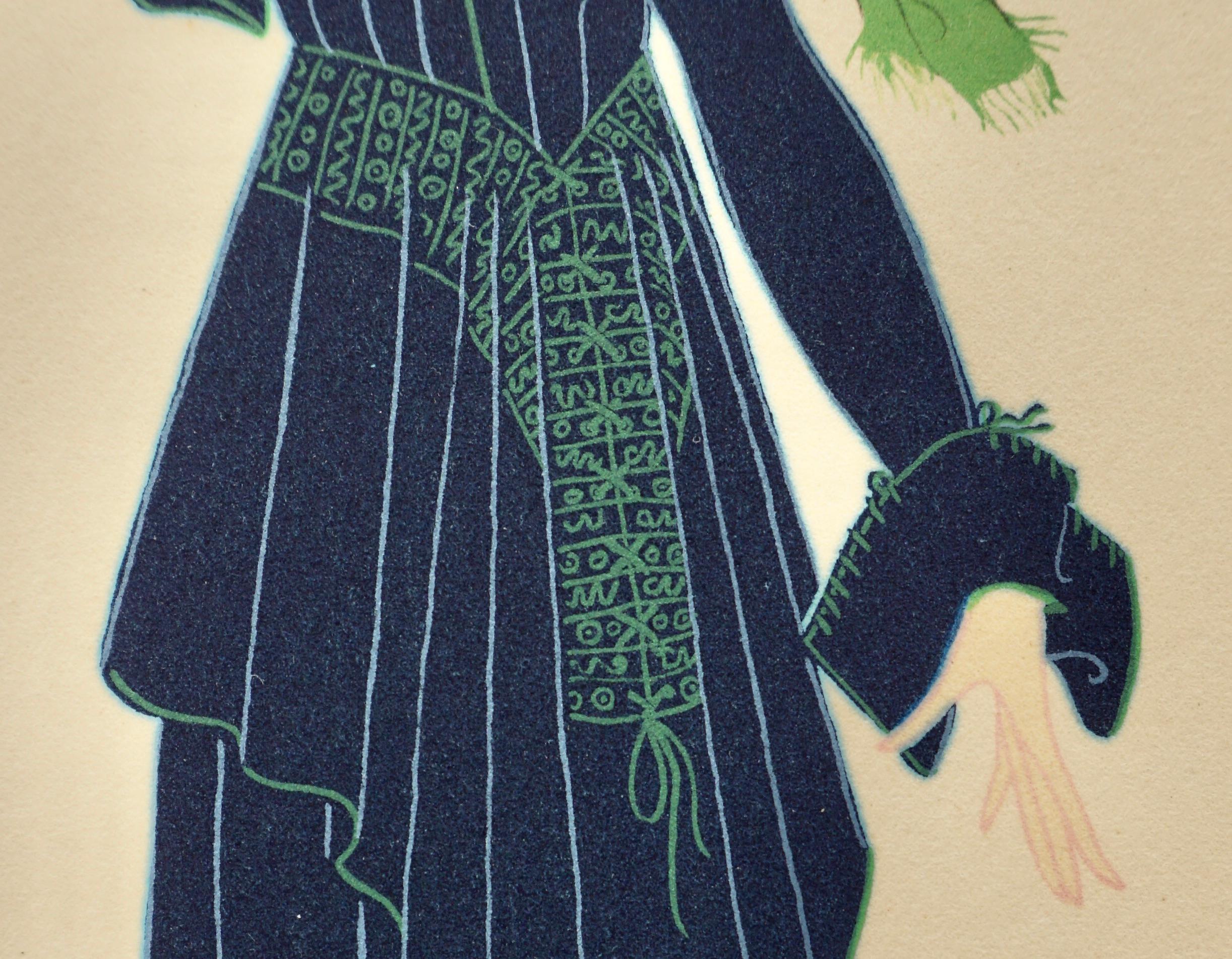 Art Deco signierte Lithografie „Das blaue Kleid“ von Erte (Beige), Portrait Print, von Erté