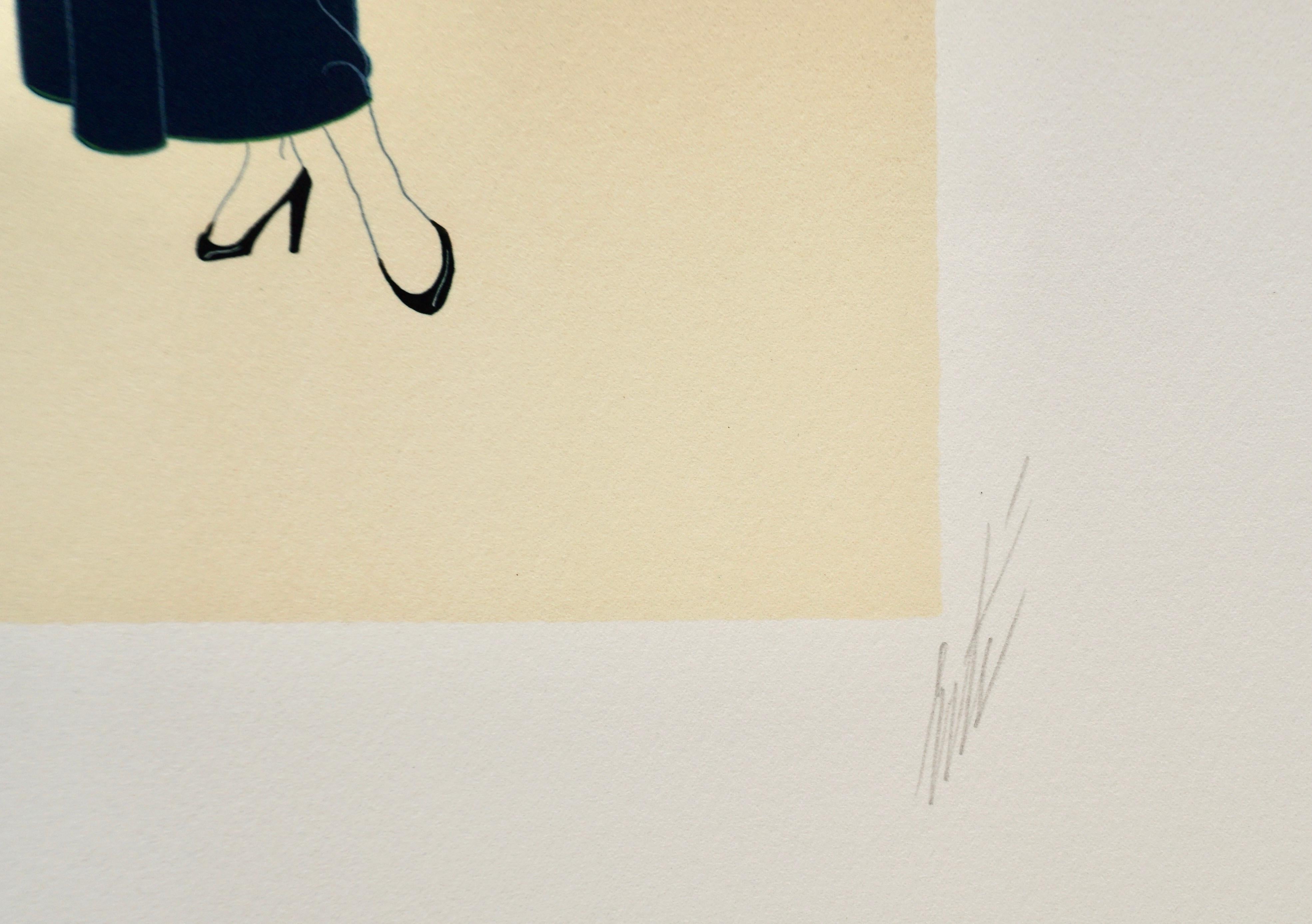 Erte (Romain de Tirtoff) Russisch/Französisch 1892-1990.  Mit Bleistift signiert unten rechts, nummeriert 176/300. Eine schöne Frau mit einem verschmitzten Lächeln und einem blinkenden grünen Schal in seitlicher Pose.  Hergestellt von Circle Fine