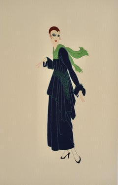 Art Deco signierte Lithografie „Das blaue Kleid“ von Erte