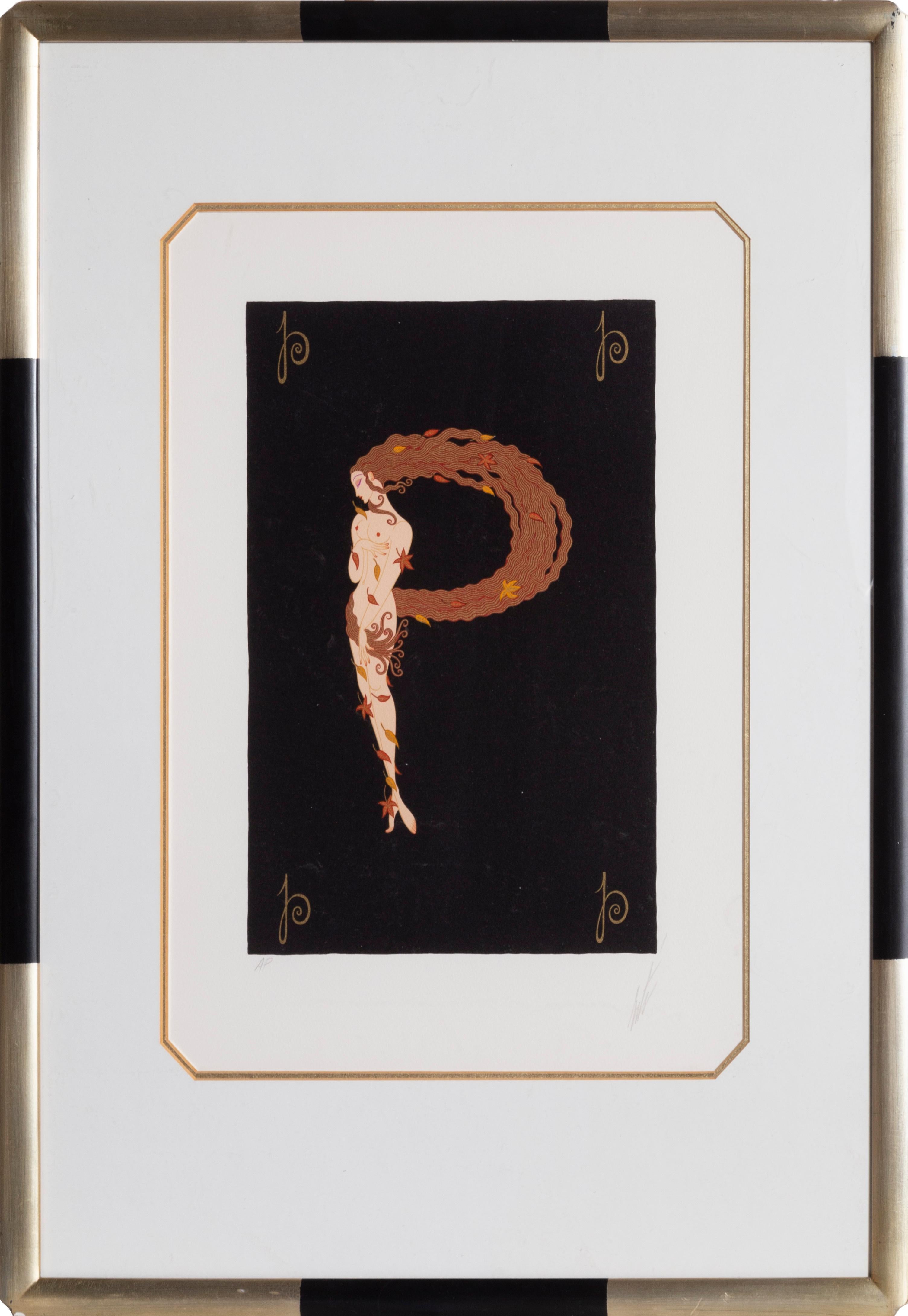 Erté Figurative Print - The Letter P from the Alphabet Suite, Nude Screenprint by Erte