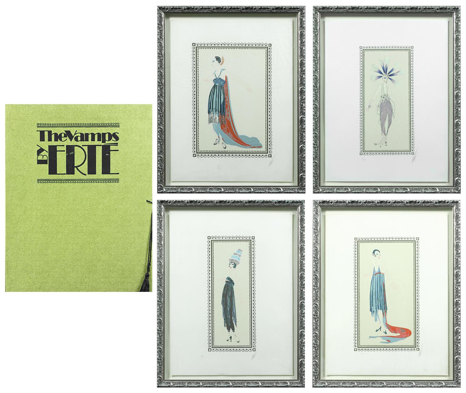The Vamps by Erté set of four framed lithographs and original folder with tassel