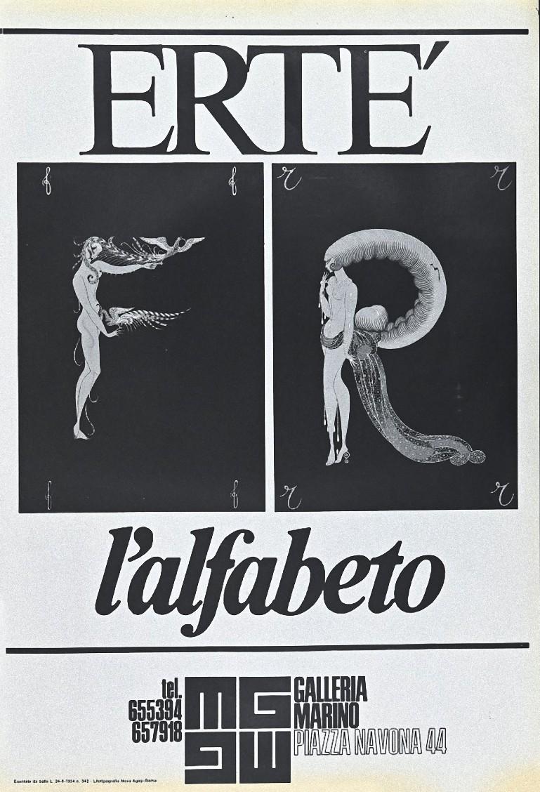 Vintage Erté Poster ist ein originales Offset-Plakat für eine Ausstellung der berühmten "Alphabet-Suite", die in der Marino Gallery in Rom, Navona Square, stattfand.
