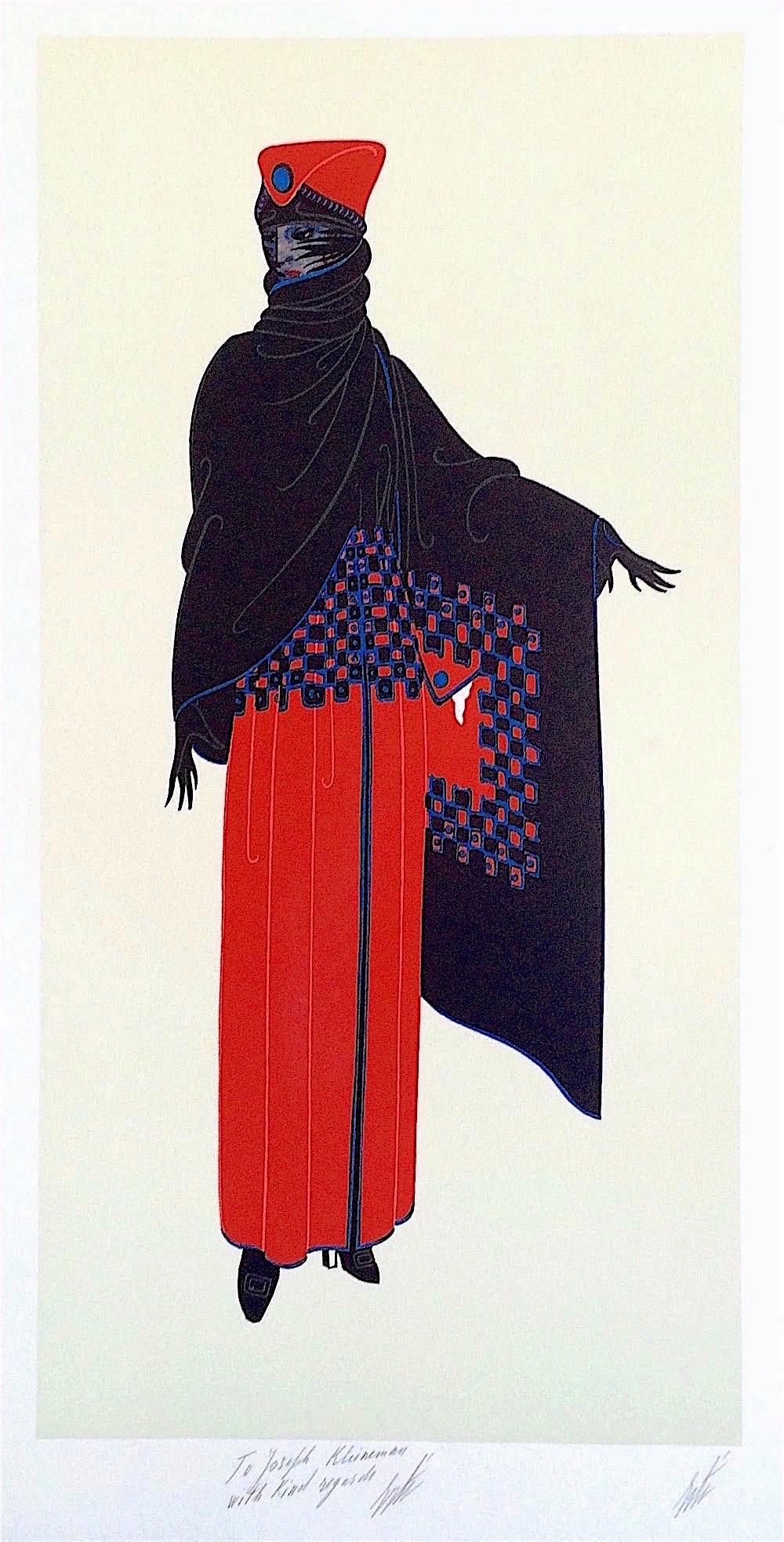 Lithographie signée ZSA ZSA, Illustration de mode des années 1920, Art déco, cape noire