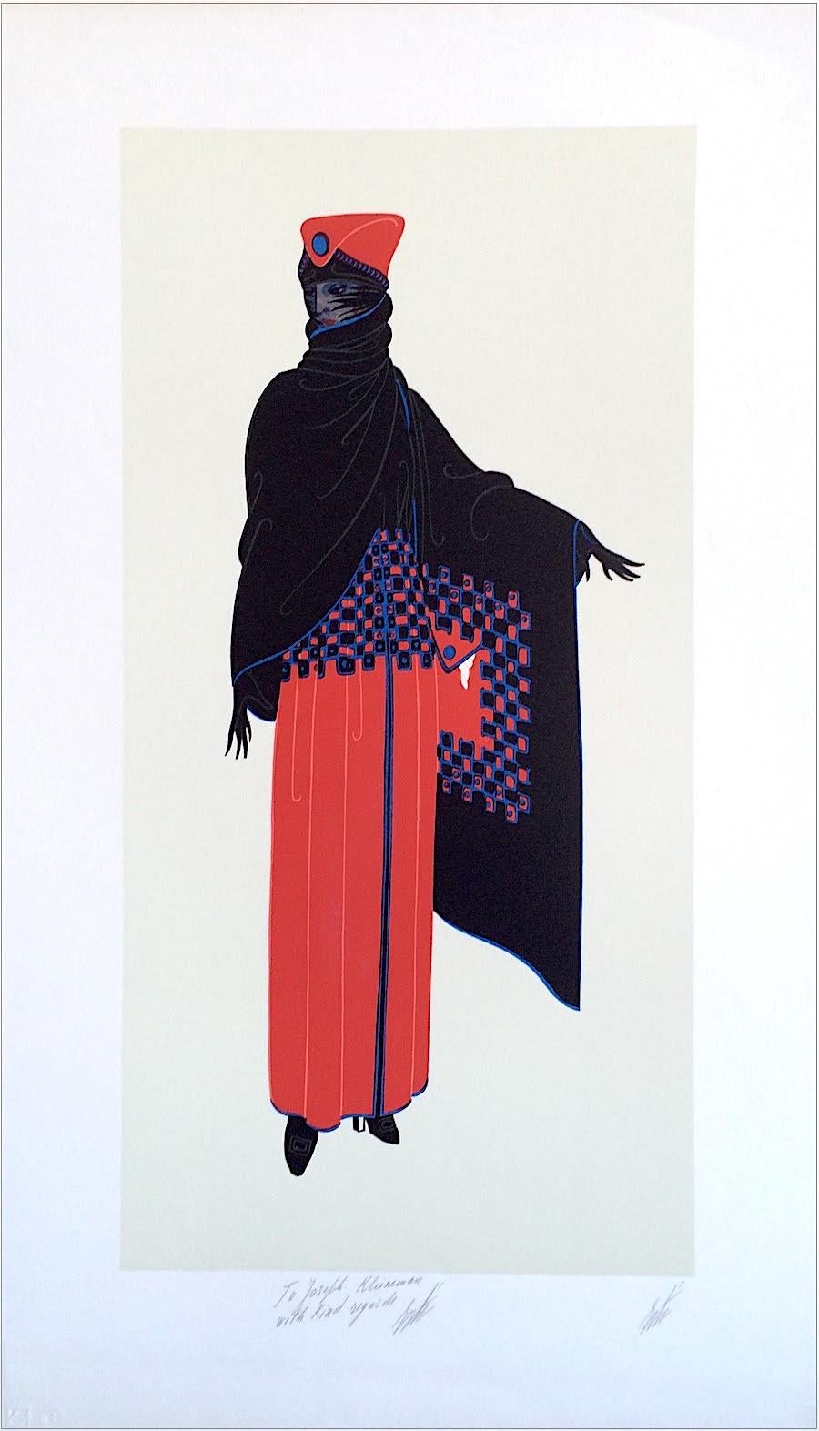 ZSA ZSA Signed Lithograph, 1920's Fashion Illustration, Art Deco, Black Cape - Print by Erté
