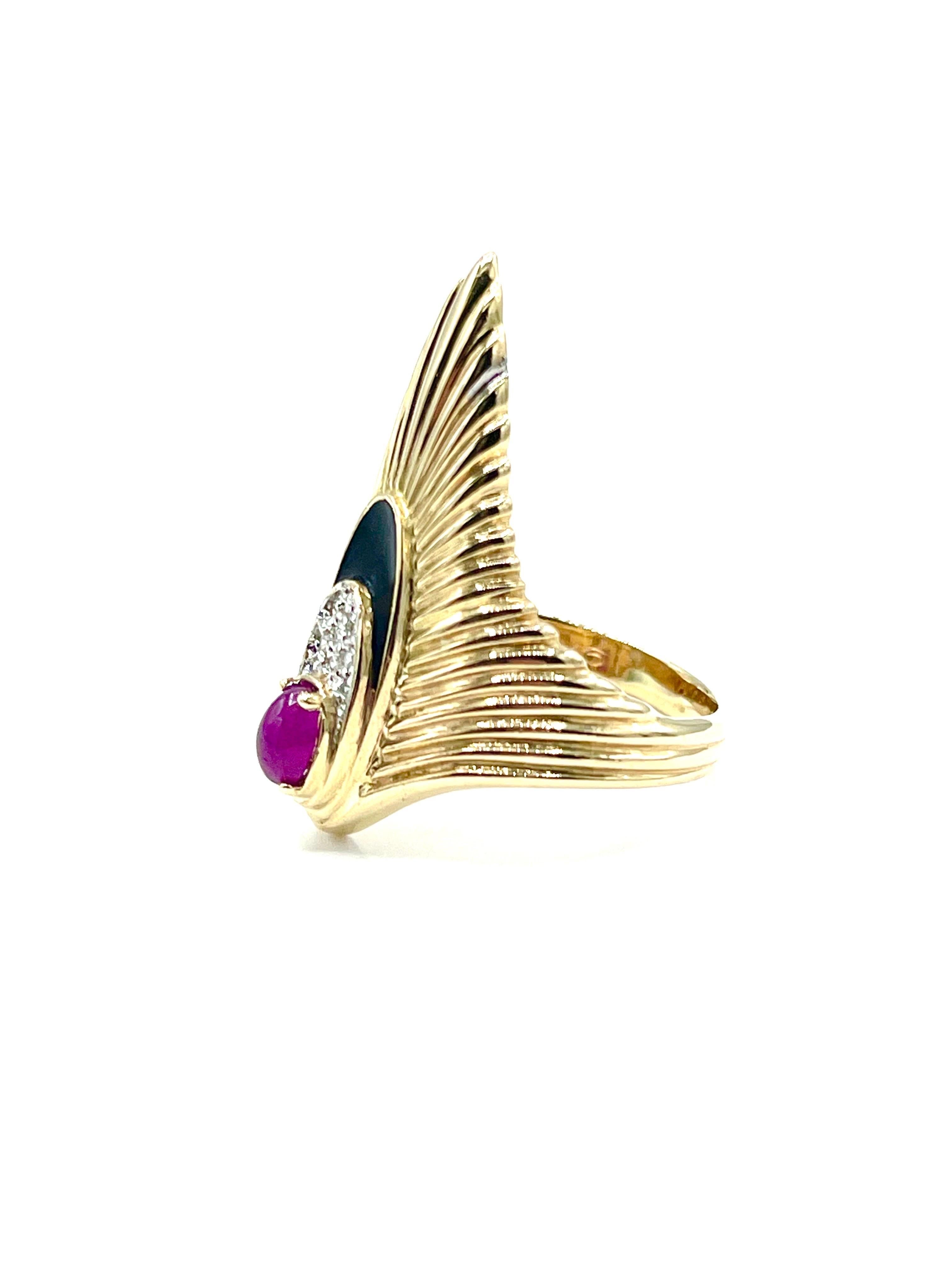 Erté Rayonnement Ruby Diamond, and Enamel Yellow Gold Cocktail Ring In Excellent Condition In Chevy Chase, MD