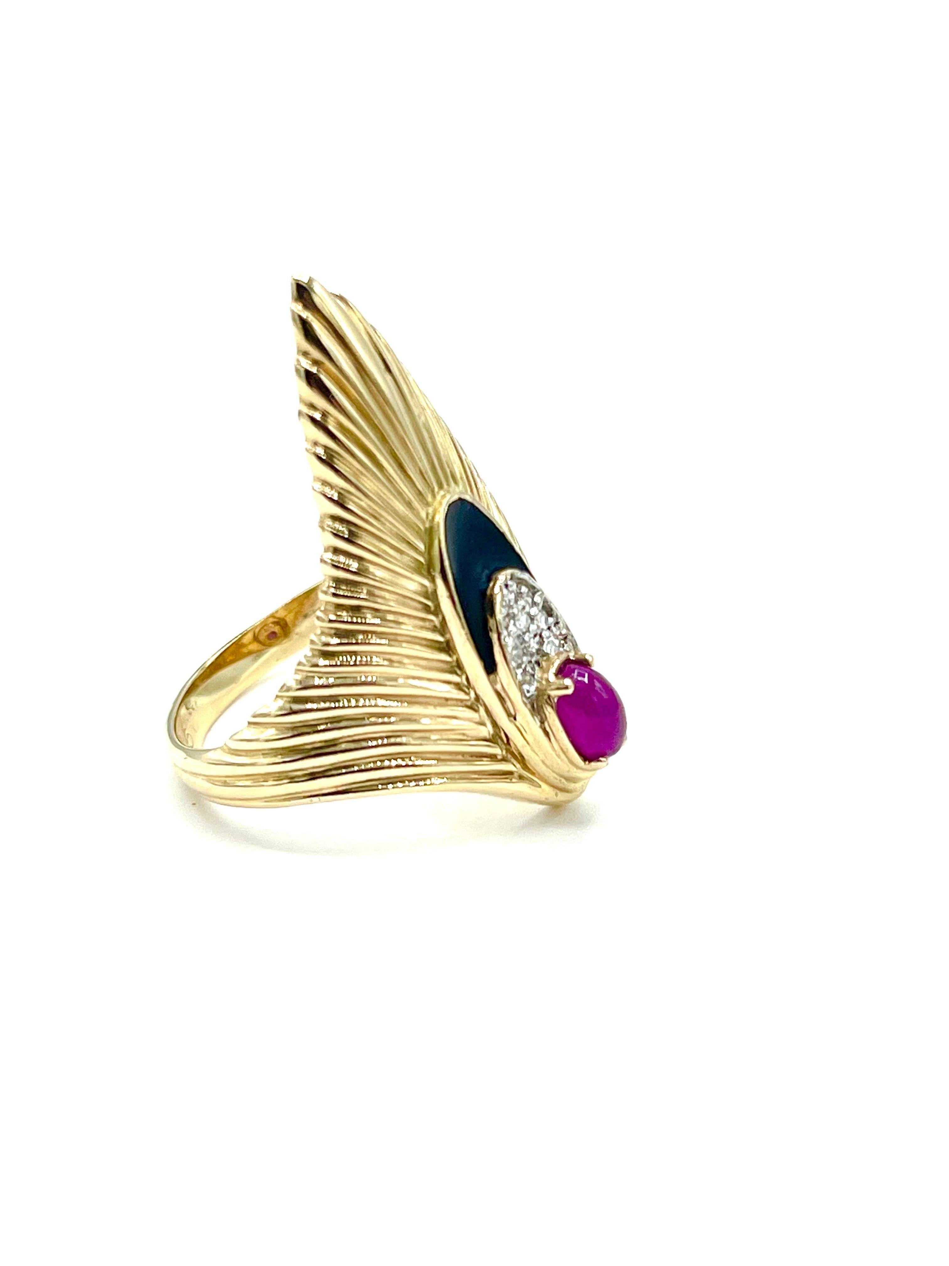 Women's or Men's Erté Rayonnement Ruby Diamond, and Enamel Yellow Gold Cocktail Ring