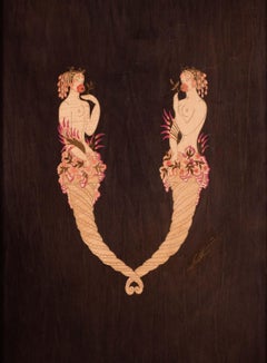 Signed marquetry panel by Erte of the letter 'V' in the alphabet series