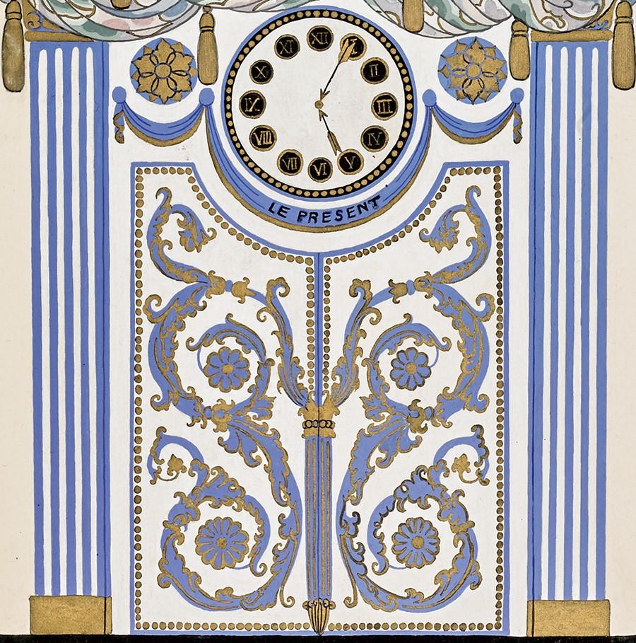 La Pendule from Au Réveil de Passé was created in 1923 and is a gouache on paper measuring approximately 15 x 10.75 inches and framed in a custom, closed-corner Art Deco frame. Signed recto 'Erté' lower right and stamped with Erte's stamp and