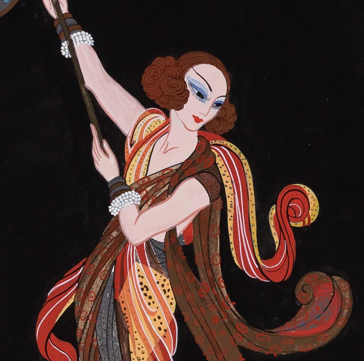 Les Rois des Lègendes, Costume pour femme ésclave from 1919 is a gouache painting on black paper, 10.75 x 9 inches, framed in a custom, closed-corner, Art Deco frame, 24 x 20 inches. Signed recto 'Erté' mid right and annotated in fountain pen verso