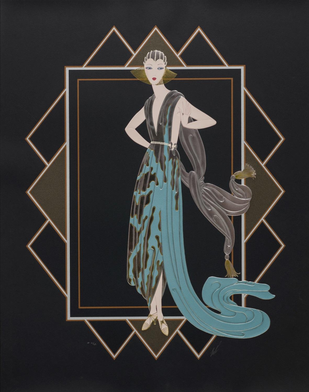 California (Turquoise Dress), 1989 - Art Deco Print by Erte - Romain de Tirtoff