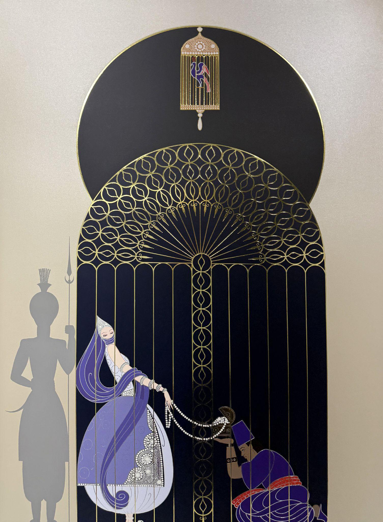 Erte - Romain de Tirtoff Animal Print – ERTE "Bird in a Gilded Cage" 1989 Serigraphie mit Prägung Handsigniert & Nummeriert