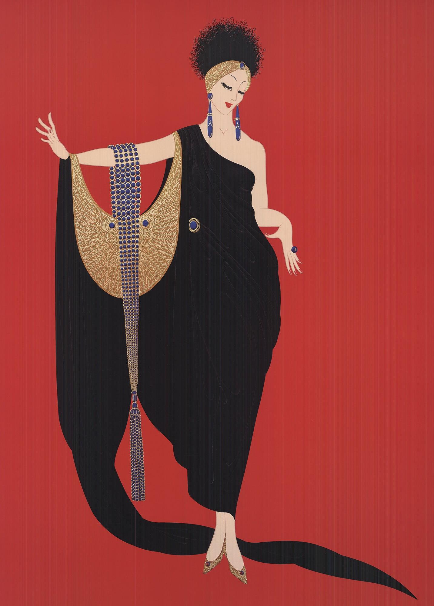 Diese atemberaubende Reproduktion mit dem Titel Glamour by Erté fängt die Essenz von zeitloser Eleganz und Raffinesse ein und verkörpert den Reiz und die Mystik der Haute Couture. Das Kunstwerk zeigt eine Frau in einem luxuriösen langen Kleid, das