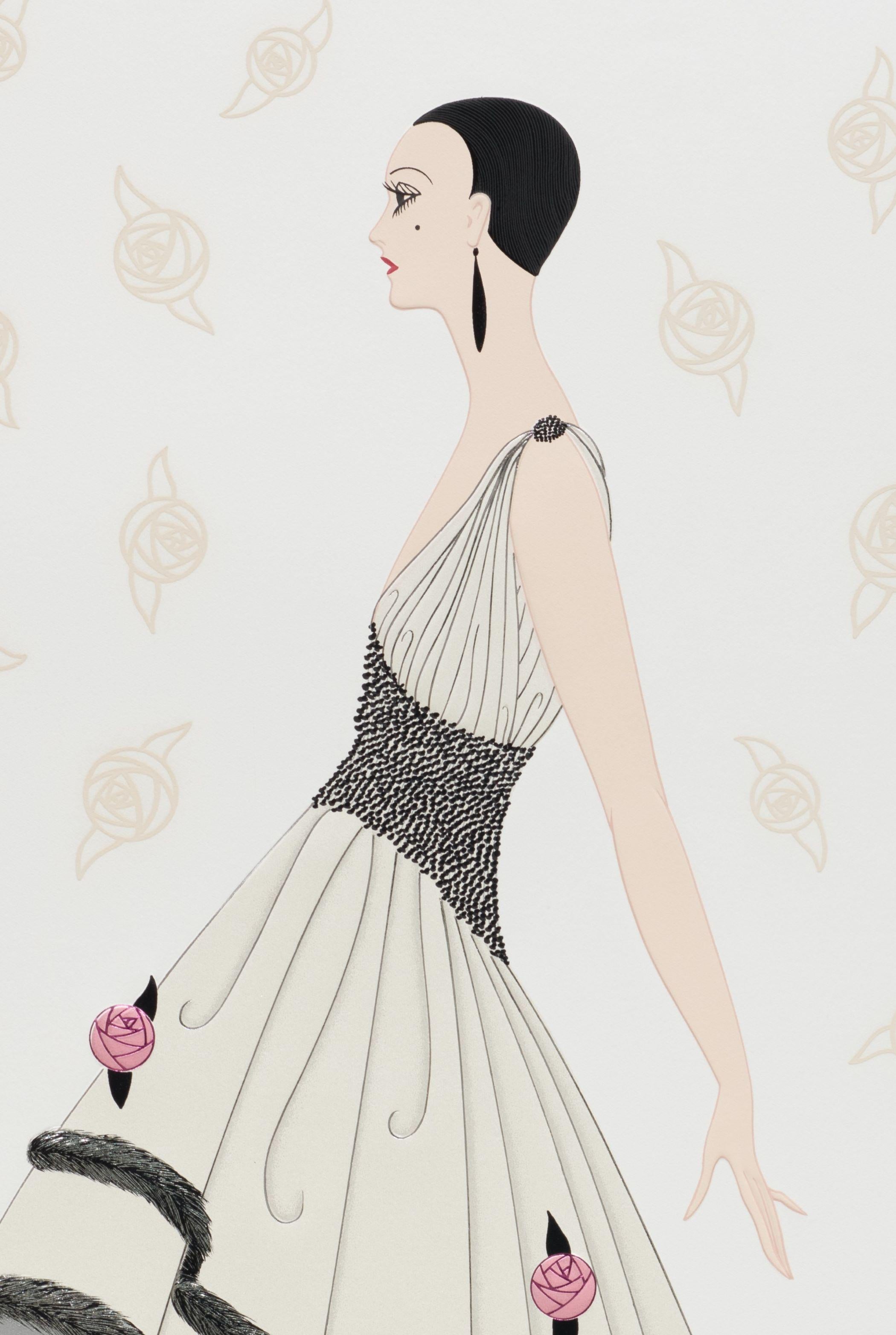 Rose Gown is an expertly crafted, embossed serigraph on paper with foil stamping and an image size of 30 x 23 inches. From the edition of 690, the art is numbered 294/300 and signed 'Erté' lower right (there were also 300 Roman, 60 AP, 5 PP, and 25