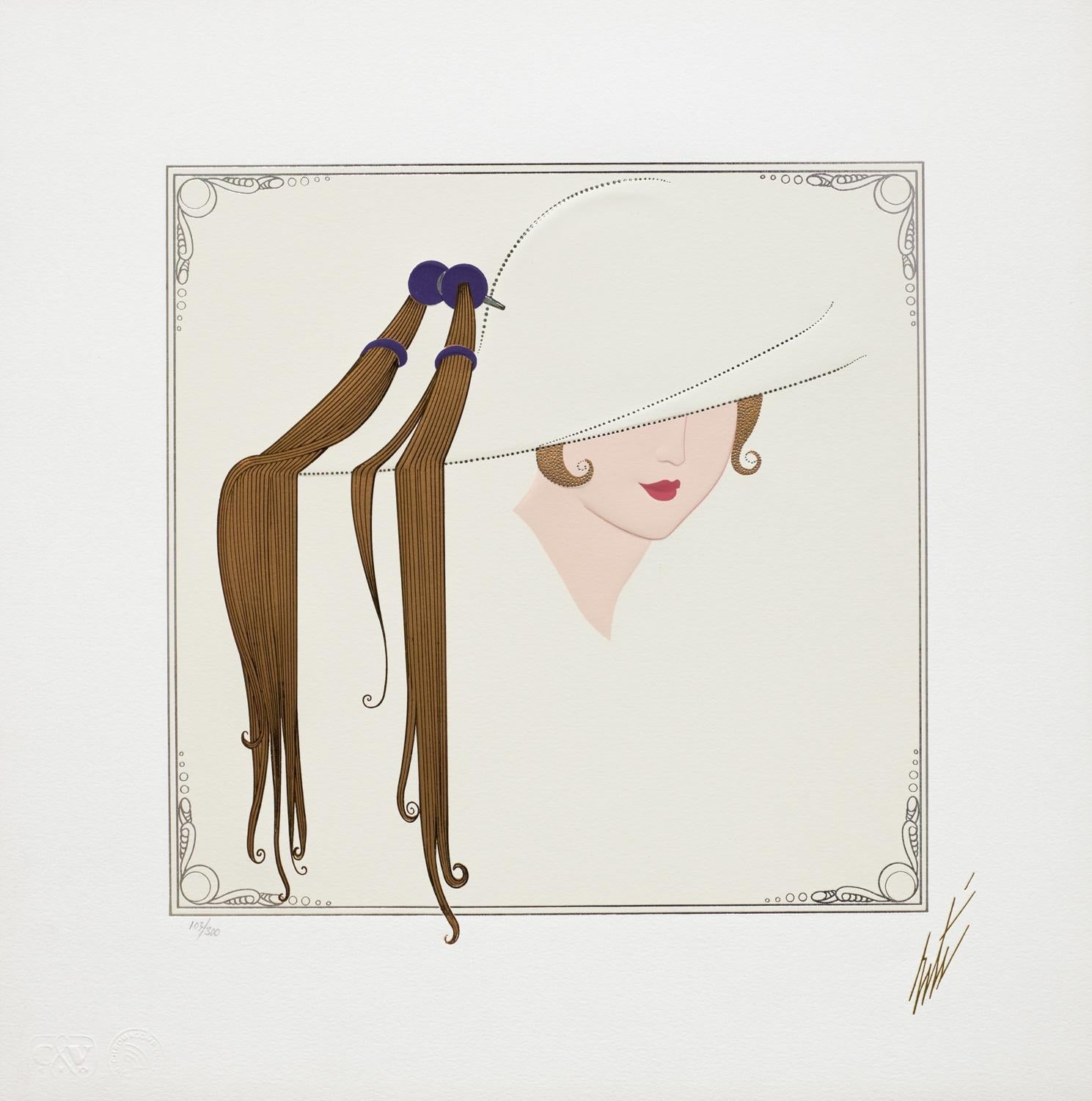 Tassel Hat is an expertly crafted, embossed serigraph on paper with foil stamping and an image size of 10.5 x 10 inches. From the edition of 650, the art is numbered 103/300 and estate-stamped 'Erté' lower right (there were also 300 Roman, and 50