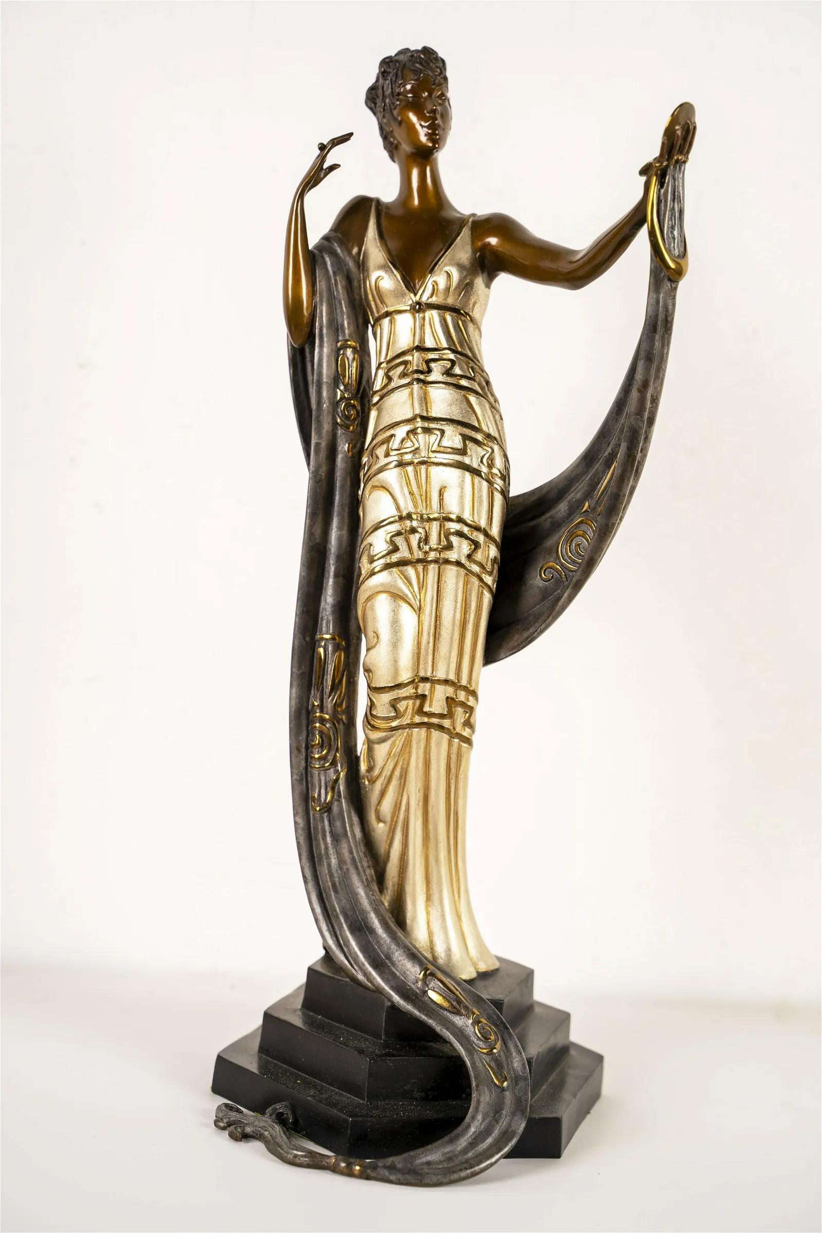 Vintage French Elegant Art Deco Signed Bronze Figural Sculpture La Coquette Rare For Sale 1