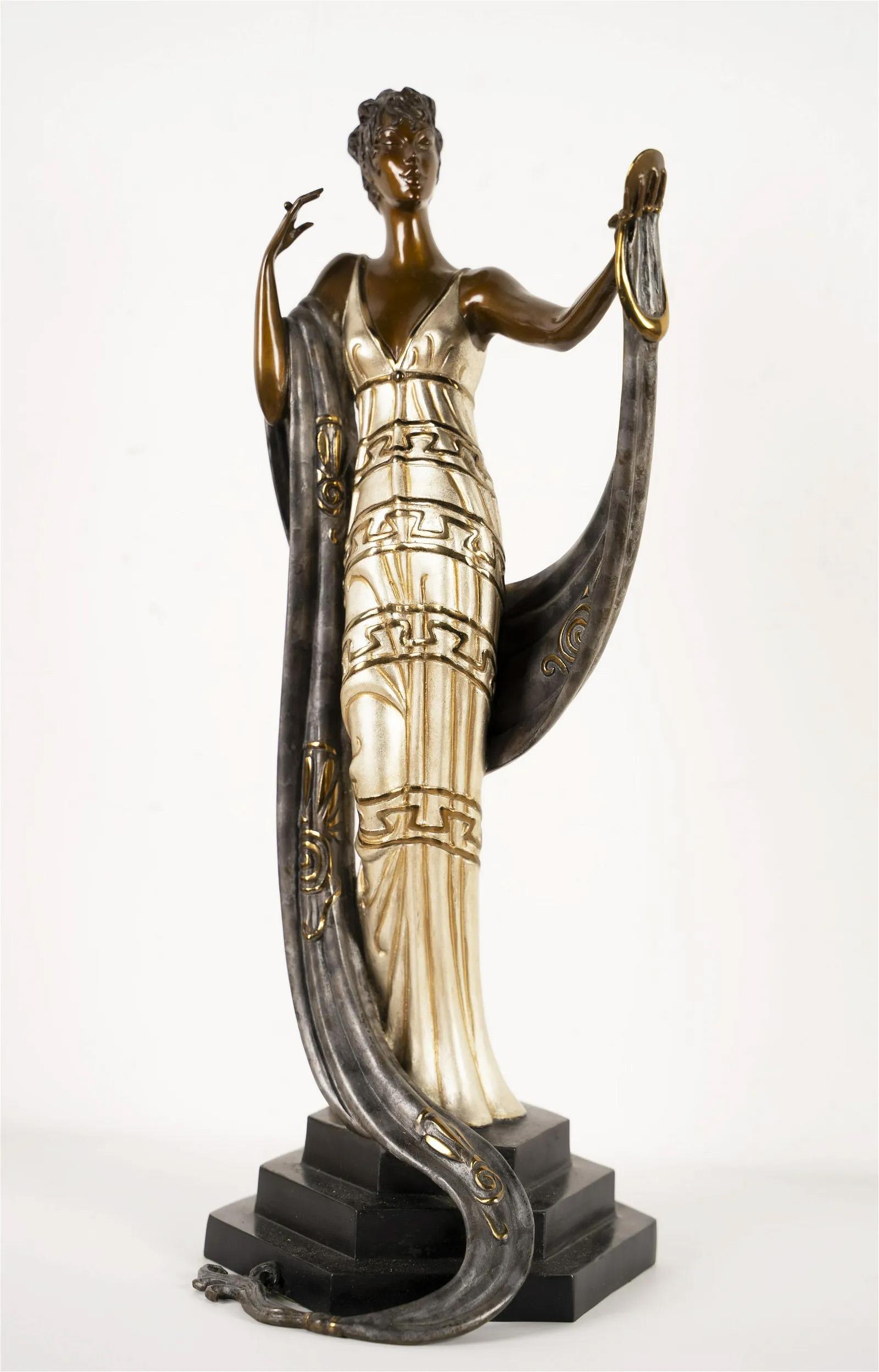 Erte - Romain de Tirtoff Figurative Sculpture - Vintage French Elegant Art Deco Signed Bronze Figural Sculpture La Coquette Rare