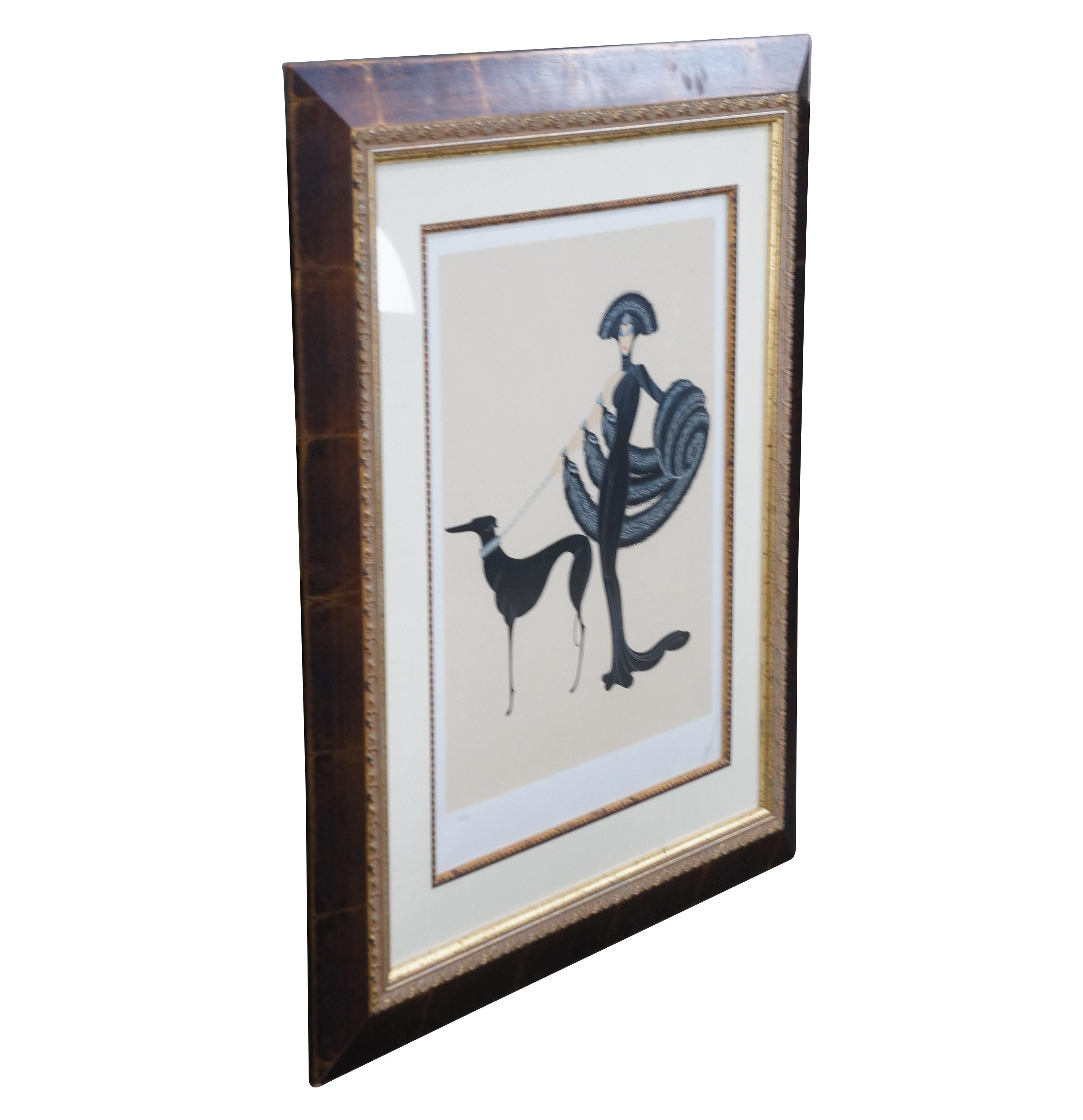 Vintage Erte (Romain de Tirtoff) Serigraphie, eine der berühmtesten Entwürfe von Erte, die eine schlanke Figur darstellt, die mit ihrem Whippet / Windhund spazieren geht.  Ca. 1983.  Signiert unten rechts, Nr. 31 von 300.

Romain de Tirtoff (Erte,