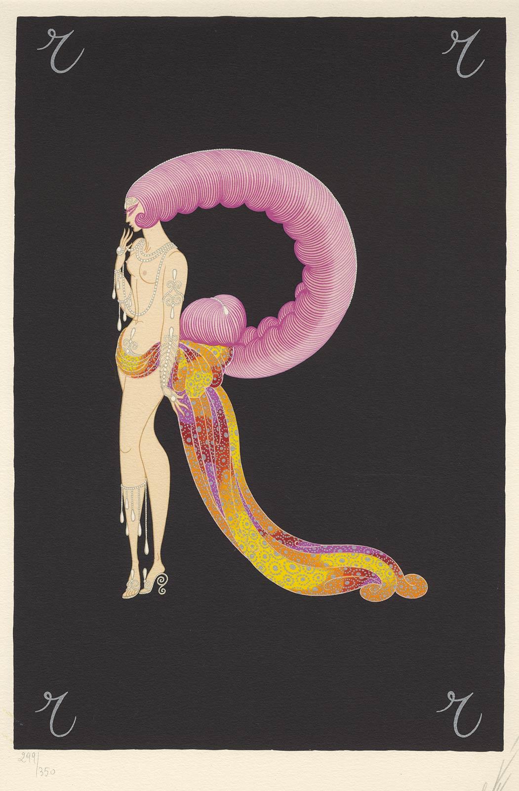 The Letter R from Alphabet Suite (R in form of glamorous showgirl with headdress - Black Portrait Print by Erté