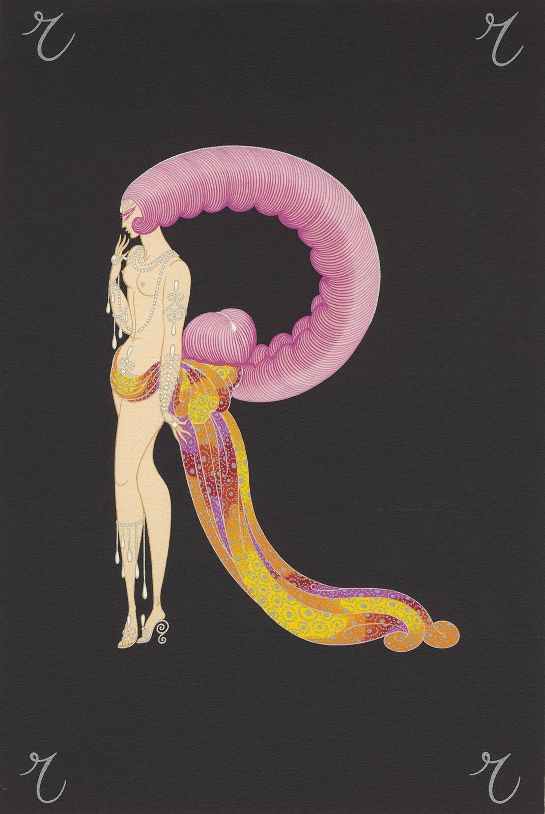 Erté Portrait Print - The Letter R from Alphabet Suite (R in form of glamorous showgirl with headdress