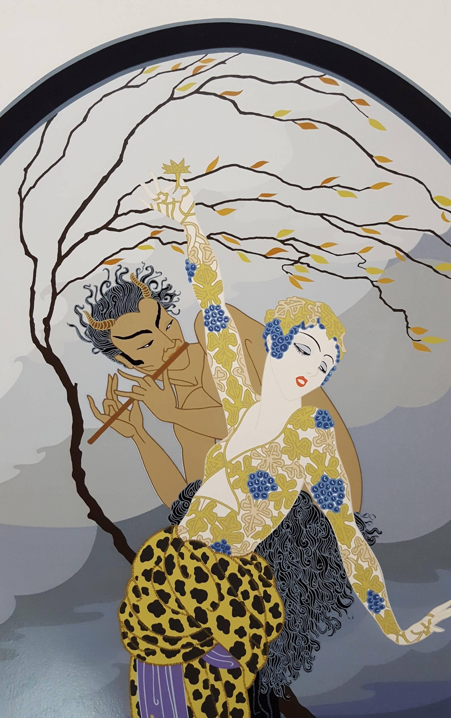 Woman and Satyr - Gray Figurative Print by Erté