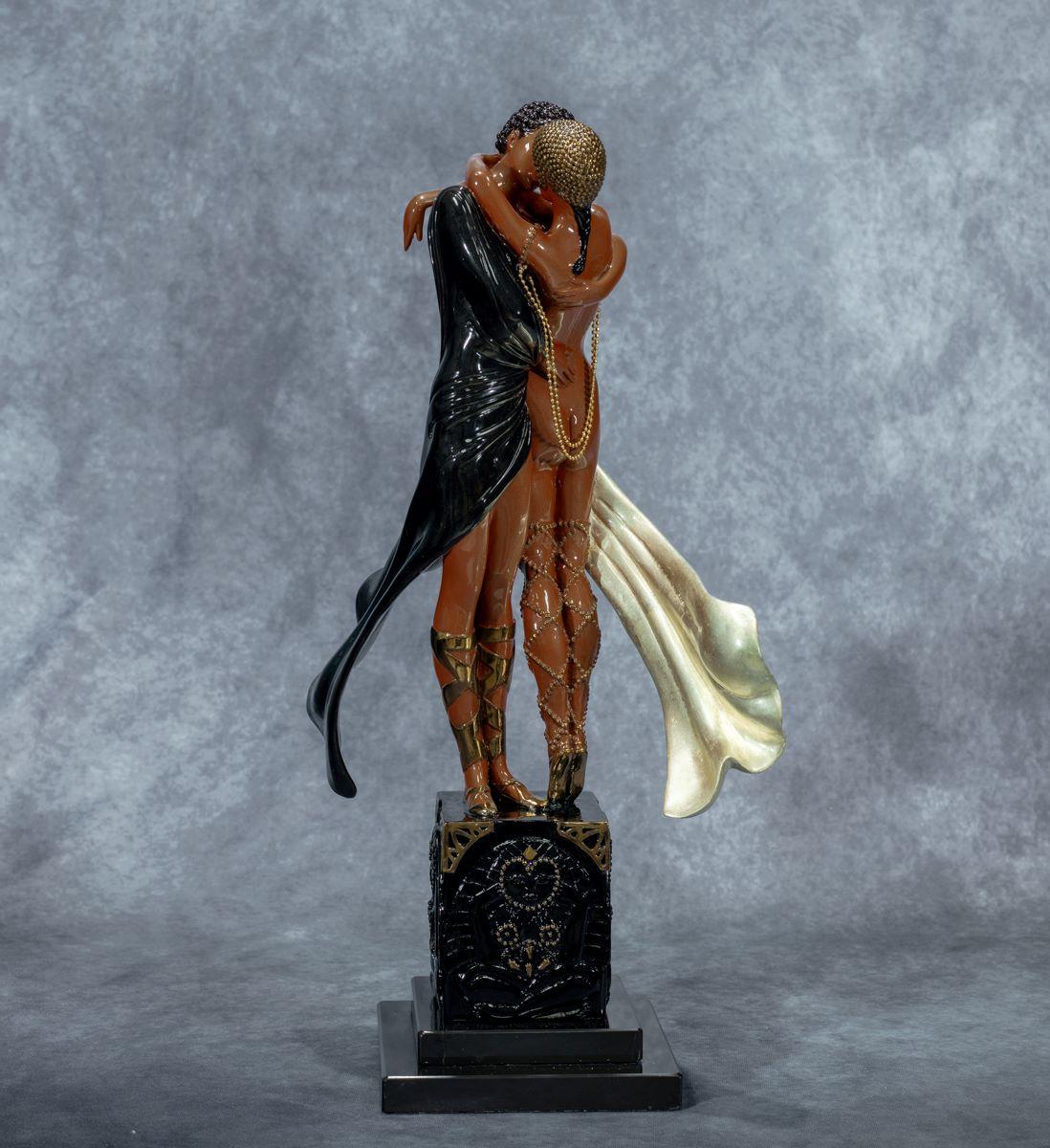 Lovers and Idol was featured on the cover of Harper’s Bazar in August, 1917, a very early work in Erte’s collaboration with the magazine. In his sculptural interpretation of that image, only the term ‘cinematics in bronze’ can describe this