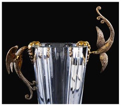 Erte RARE Baccarat Crystal Vase Grapes Signed Bronze Art Deco Large Birds Glass