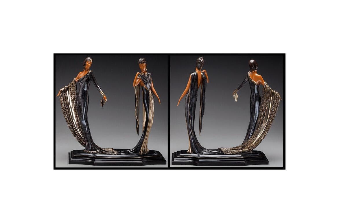 Erté Figurative Sculpture - ERTE Signed BRONZE Sculpture DUETTO Original ART DECO antique Female Dance LARGE