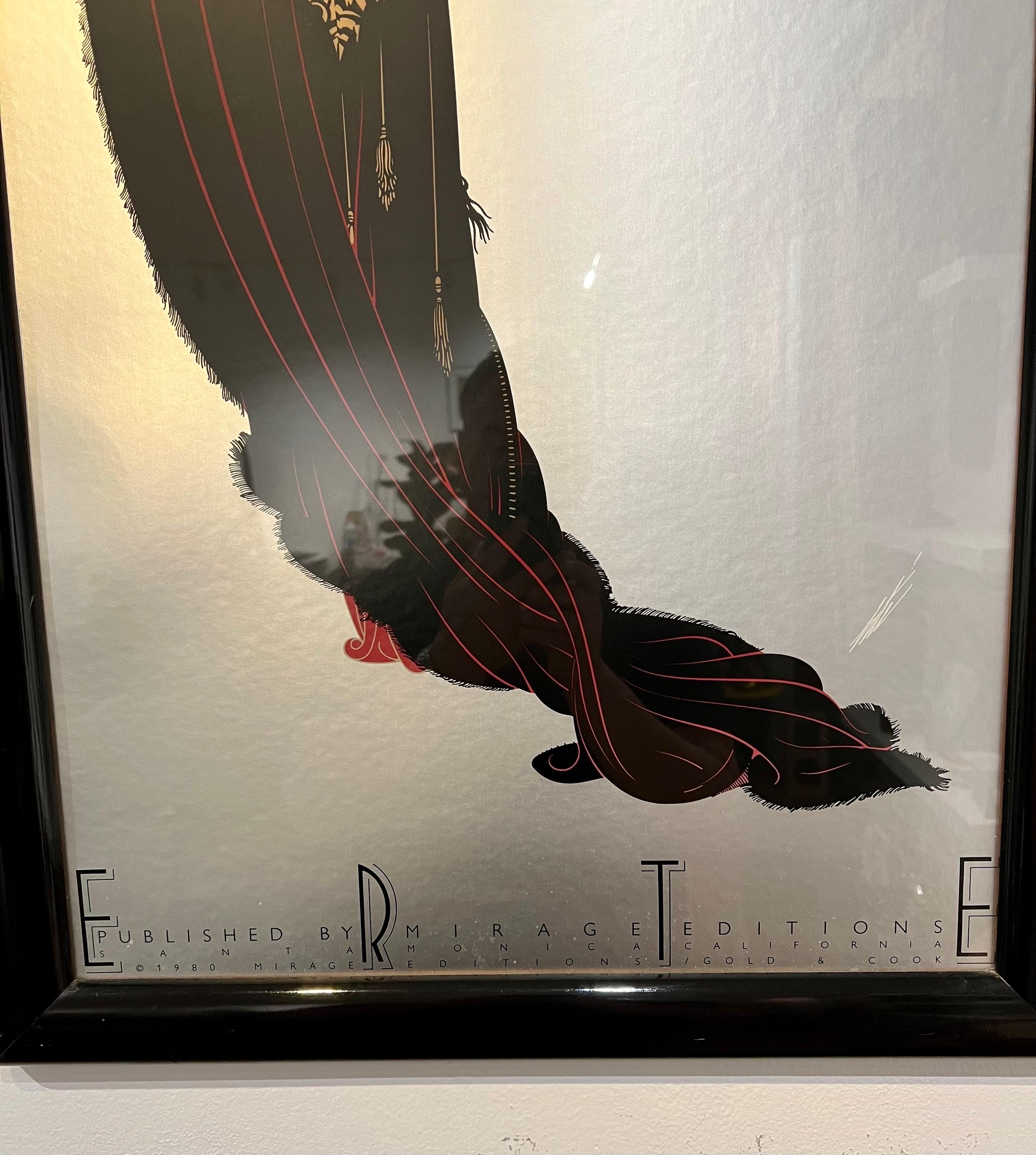 Framed exhibition collectible poster by Mirage Editions for Santa Monica California, circa 1980 nice clean condition framed with black glossy frame edge and glass. Printed on silver paper the frame shows a chip repair on the top corner invisible to