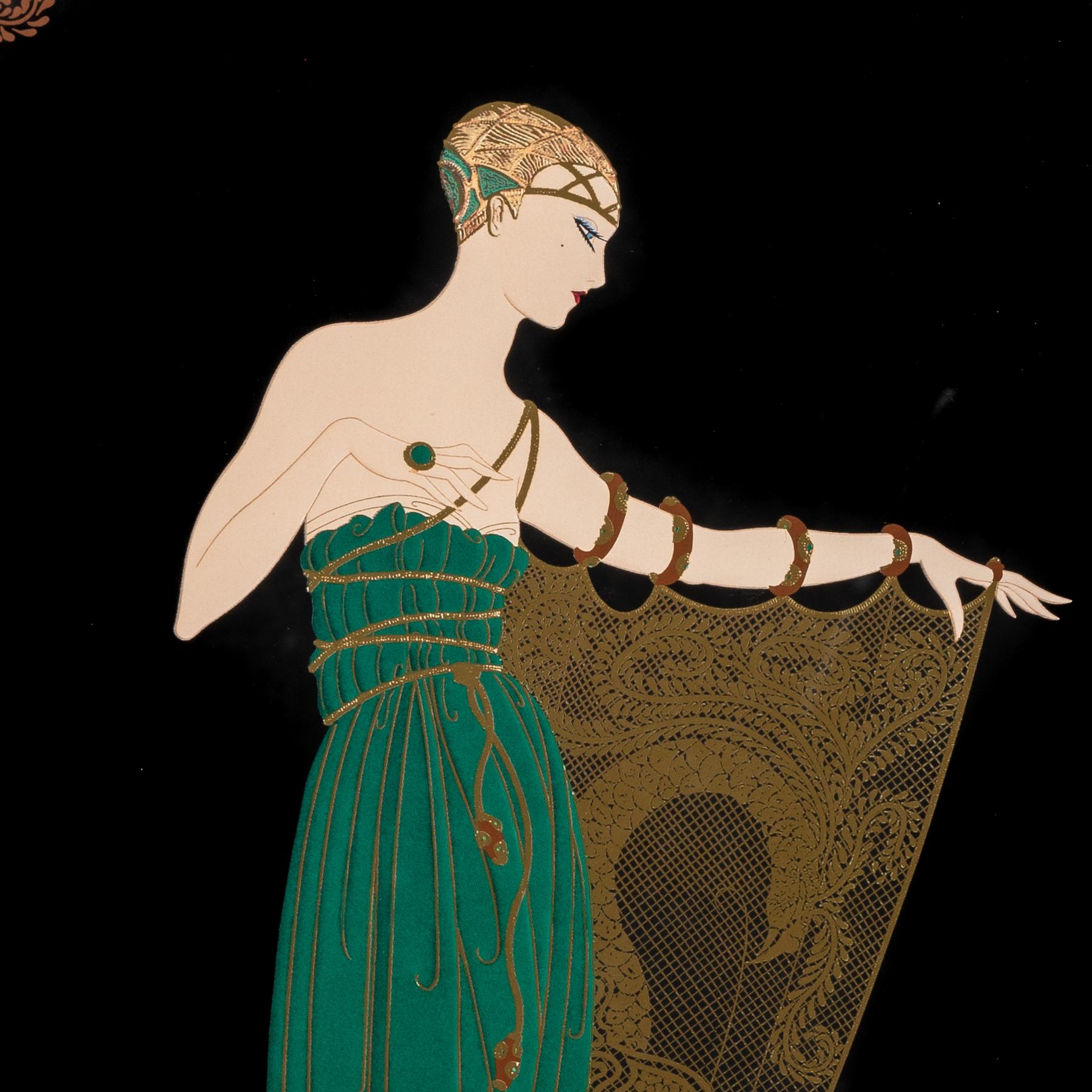 Romain Erte De Tirtoff/Erte (Russian/French, 1892-1990). Serigraph of a costume design. Unsigned. Erte is famous for his elegant fashion designs which captured the art deco period in which he worked. His delicate figures and sophisticated designs