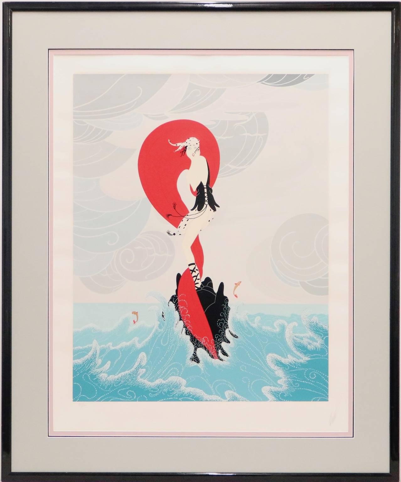 Erte (Romain de Tirtoff) silkscreen titled 'Stranded' dating from 1983. This original work depicts a fashionable yet distressed young woman standing in the middle of a rocky sea. Includes a black frame with matting and a “Certificate of