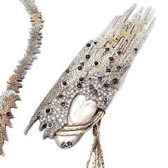 Erte Sophistication Sapphire Diamond Silver Gold Necklace + Pin