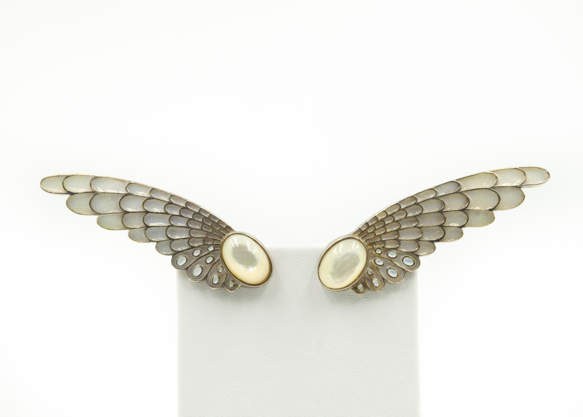 Erte Sterling Silver Enamel and Mother of Pearl Wing Feather Earrings In Good Condition In Miami Beach, FL