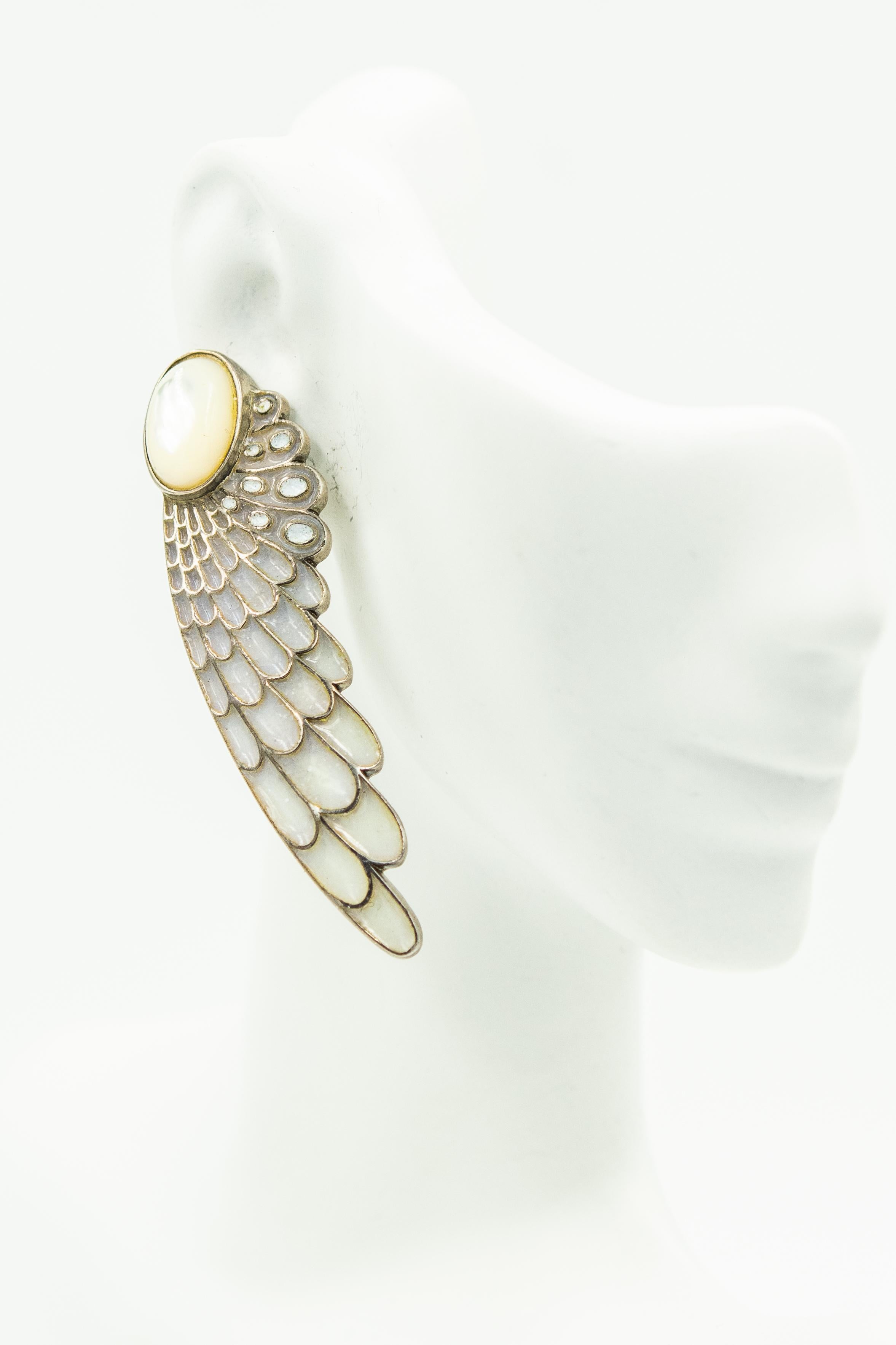 Women's Erte Sterling Silver Enamel and Mother of Pearl Wing Feather Earrings