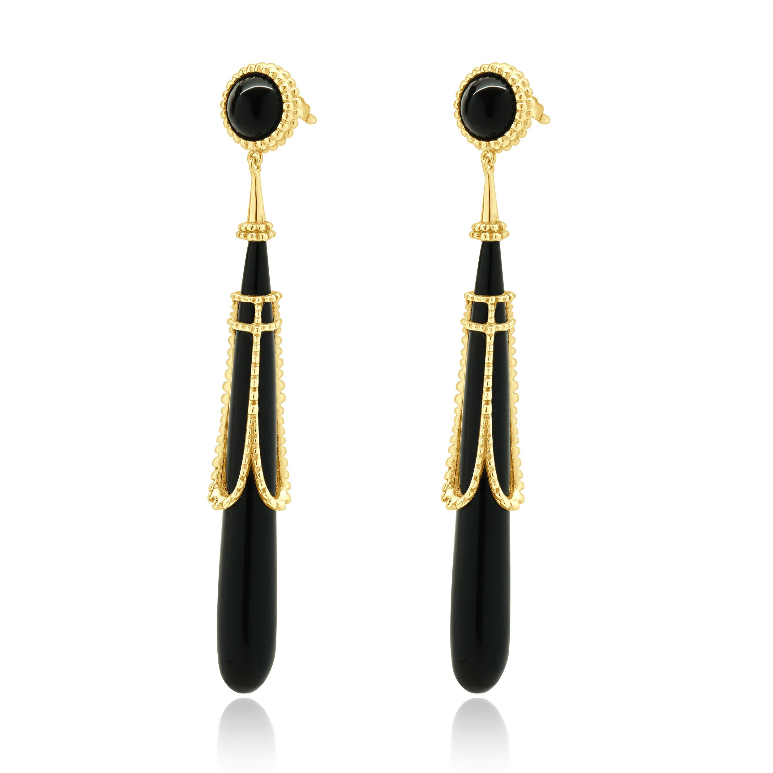 Designer: Erte Tirtoff
Material: 14K yellow gold 
Dimensions: earrings measure 79mm in length
Weight: 17.90 grams